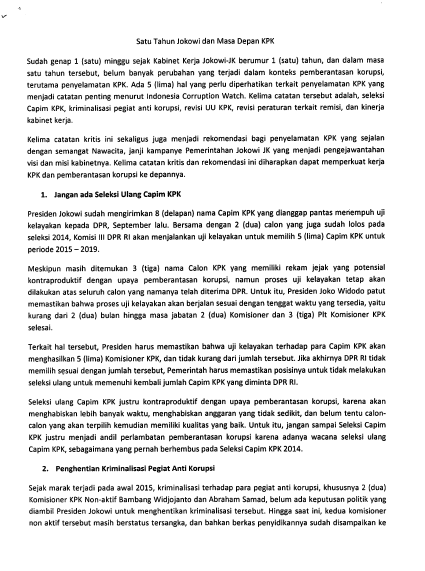 Satu Tahun Jokowi dan Masa Depan KPK