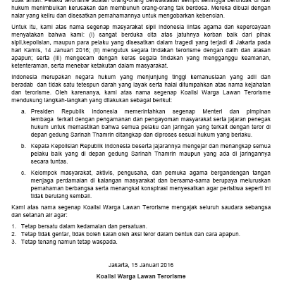 Pernyataan Sikap Koalisi Warga Lawan Terorisme-15 Januari 2016