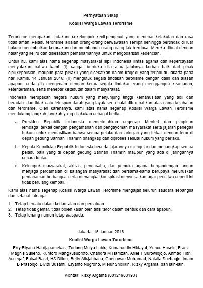 Pernyataan Sikap Koalisi Warga Lawan Terorisme-15 Januari 2016